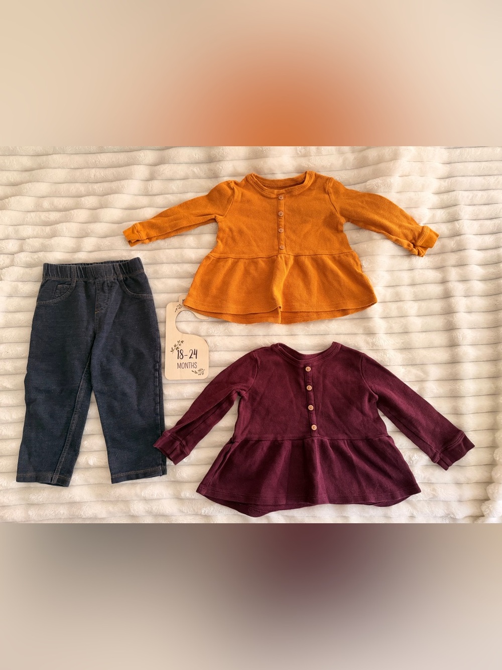 18-24m Bundle Girls' Long-Sleeve Peplum Tops -Yellow & Burgundy & Jeggings